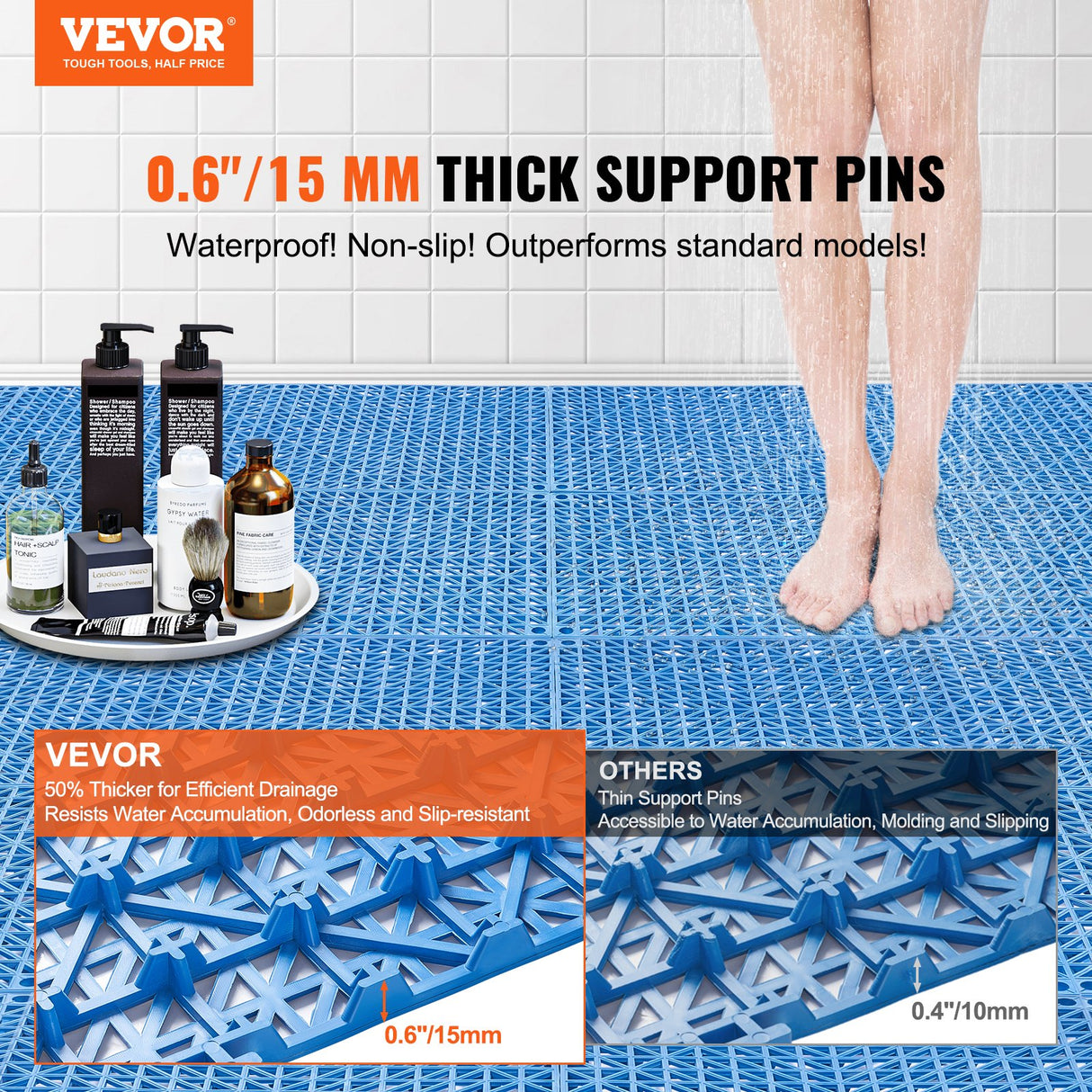 VEVOR Modular Interlocking Cushion, 55 Pack 30 x 30 cm Splicing Drainage Mats, Soft PVC Interlocking Drainage Floor Tiles, Non-Slip Drainage Holes for Restroom, Bathroom, Kitchen, Pool, Wet Area, Blue