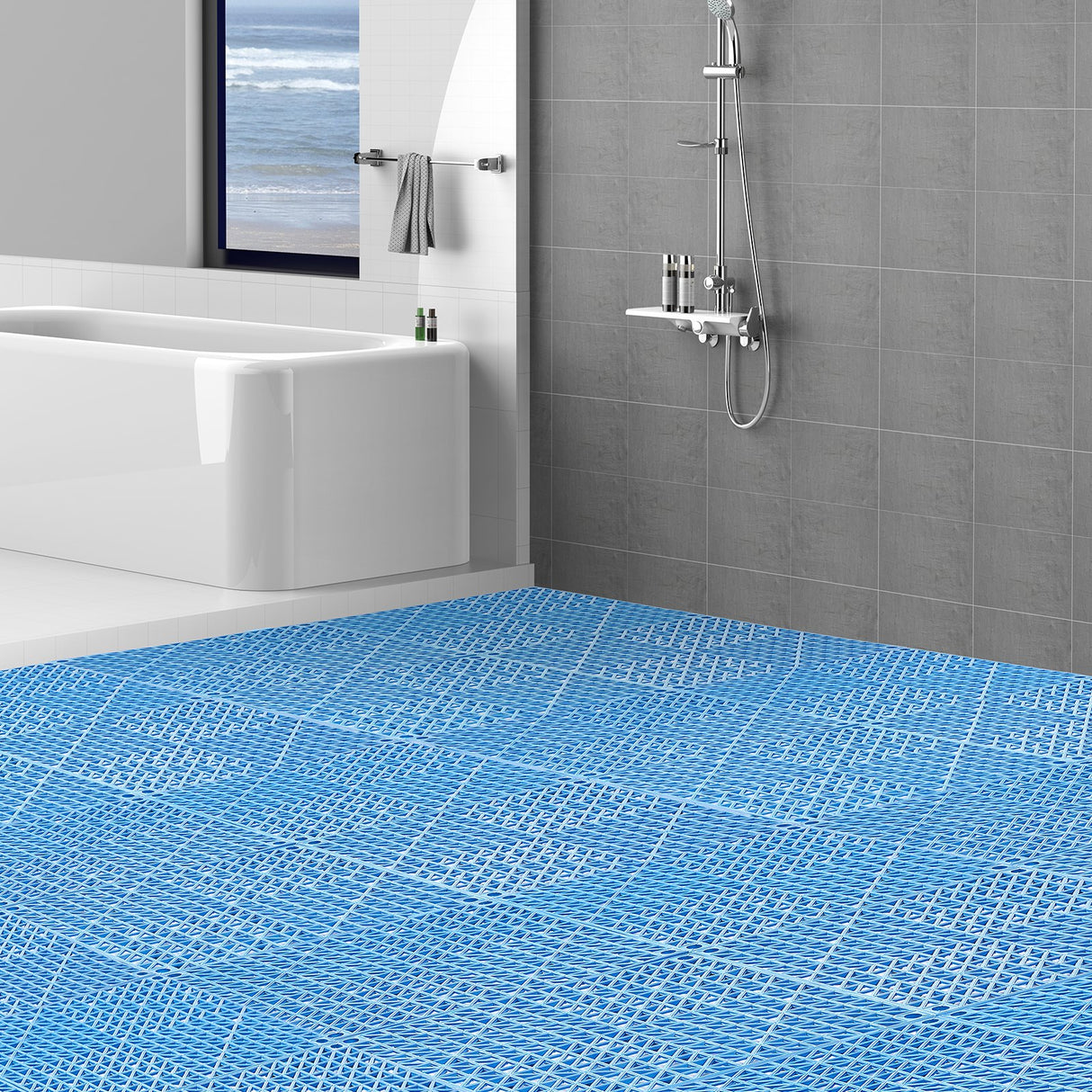 VEVOR Modular Interlocking Cushion, 55 Pack 30 x 30 cm Splicing Drainage Mats, Soft PVC Interlocking Drainage Floor Tiles, Non-Slip Drainage Holes for Restroom, Bathroom, Kitchen, Pool, Wet Area, Blue