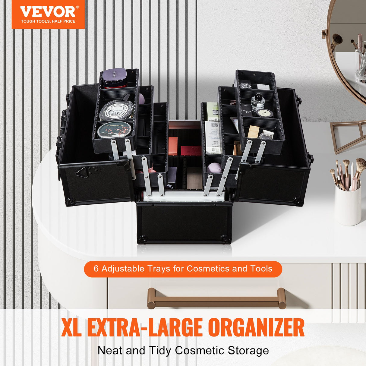 VEVOR Makeup Train Case 370MM Large Portable Cosmetic Case, 6 Tier Trays Professional Makeup Storage Organizer Box Make Up Carrier with Handle And