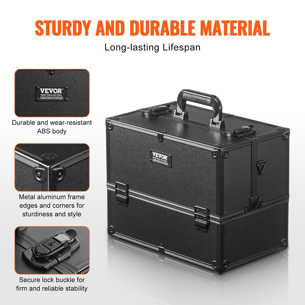 Makeup Train Case 370MM Large Portable Cosmetic Case, 6 Tier Trays Professional Makeup Storage Organizer Box Make Up Carrier with Handle And Strap Travel Case for Women and Girls - Black
