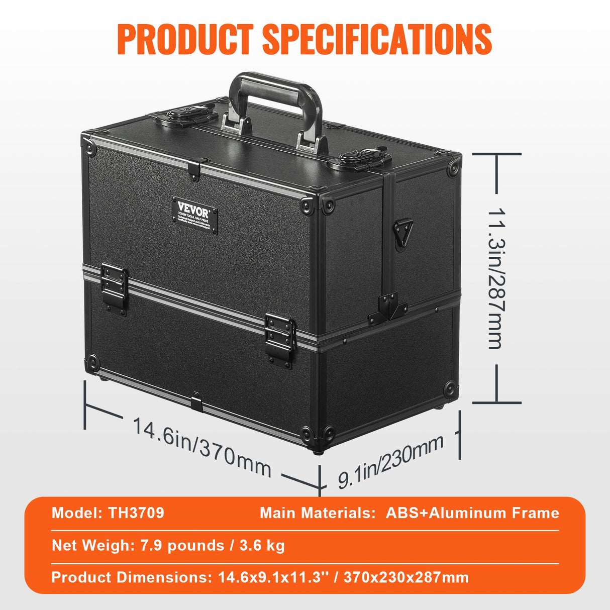 Makeup Train Case 370MM Large Portable Cosmetic Case, 6 Tier Trays Professional Makeup Storage Organizer Box Make Up Carrier with Handle And Strap Travel Case for Women and Girls - Black