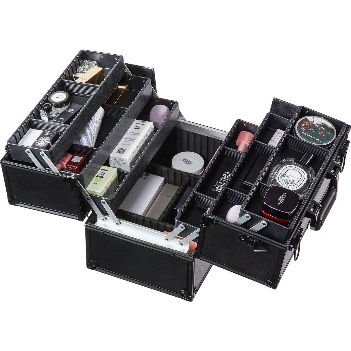 Makeup Train Case 370MM Large Portable Cosmetic Case, 6 Tier Trays Professional Makeup Storage Organizer Box Make Up Carrier with Handle And Strap Travel Case for Women and Girls - Black