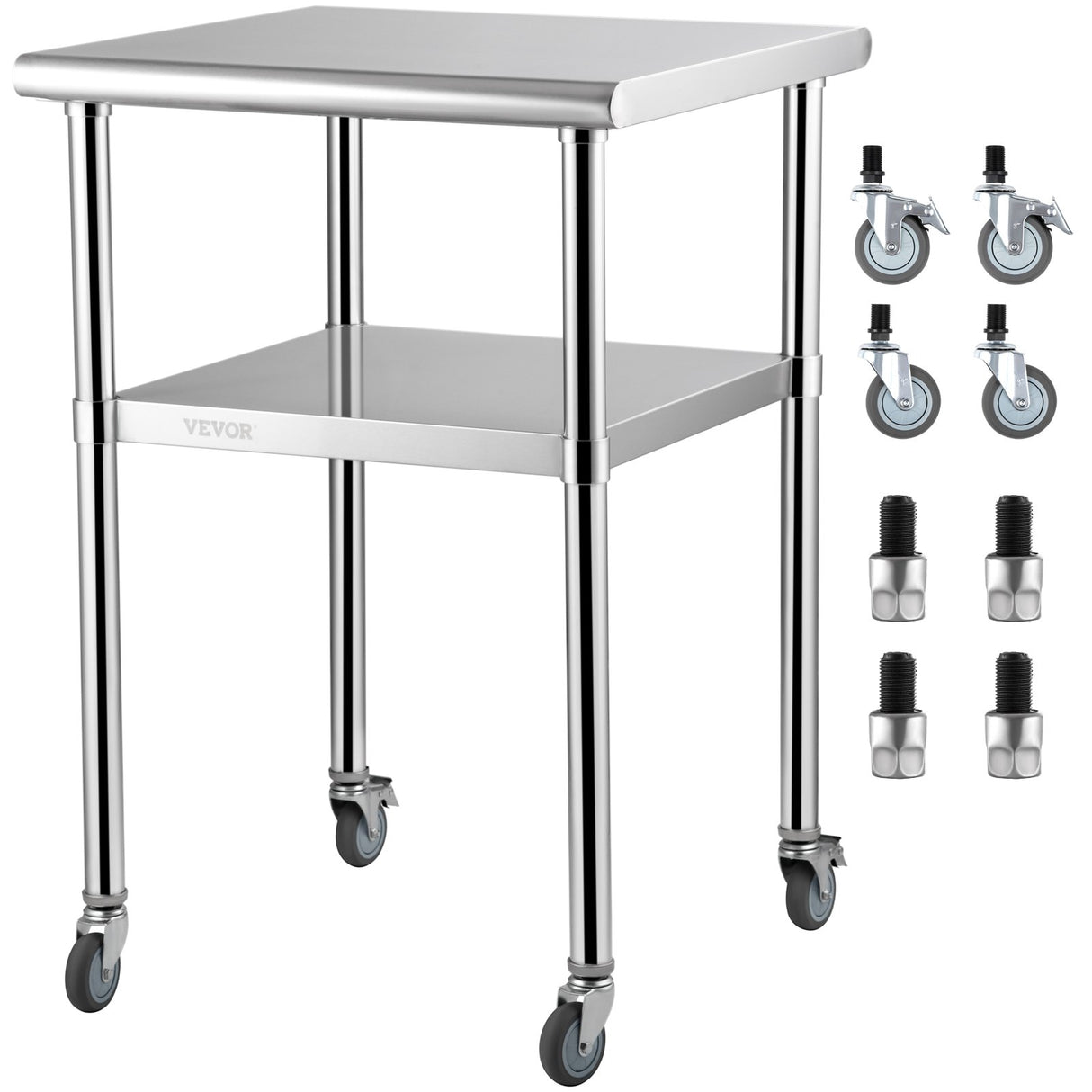 VEVOR Stainless Steel Prep Table, 61 x 61 x 91.4 cm, 600lbs Load Capacity Heavy Duty Metal Worktable with Adjustable Undershelf & Universal Wheels,