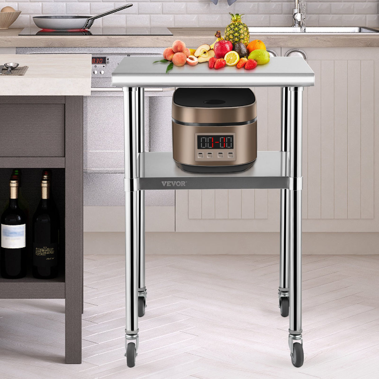VEVOR Stainless Steel Prep Table, 61 x 61 x 91.4 cm, 600lbs Load Capacity Heavy Duty Metal Worktable with Adjustable Undershelf & Universal Wheels,