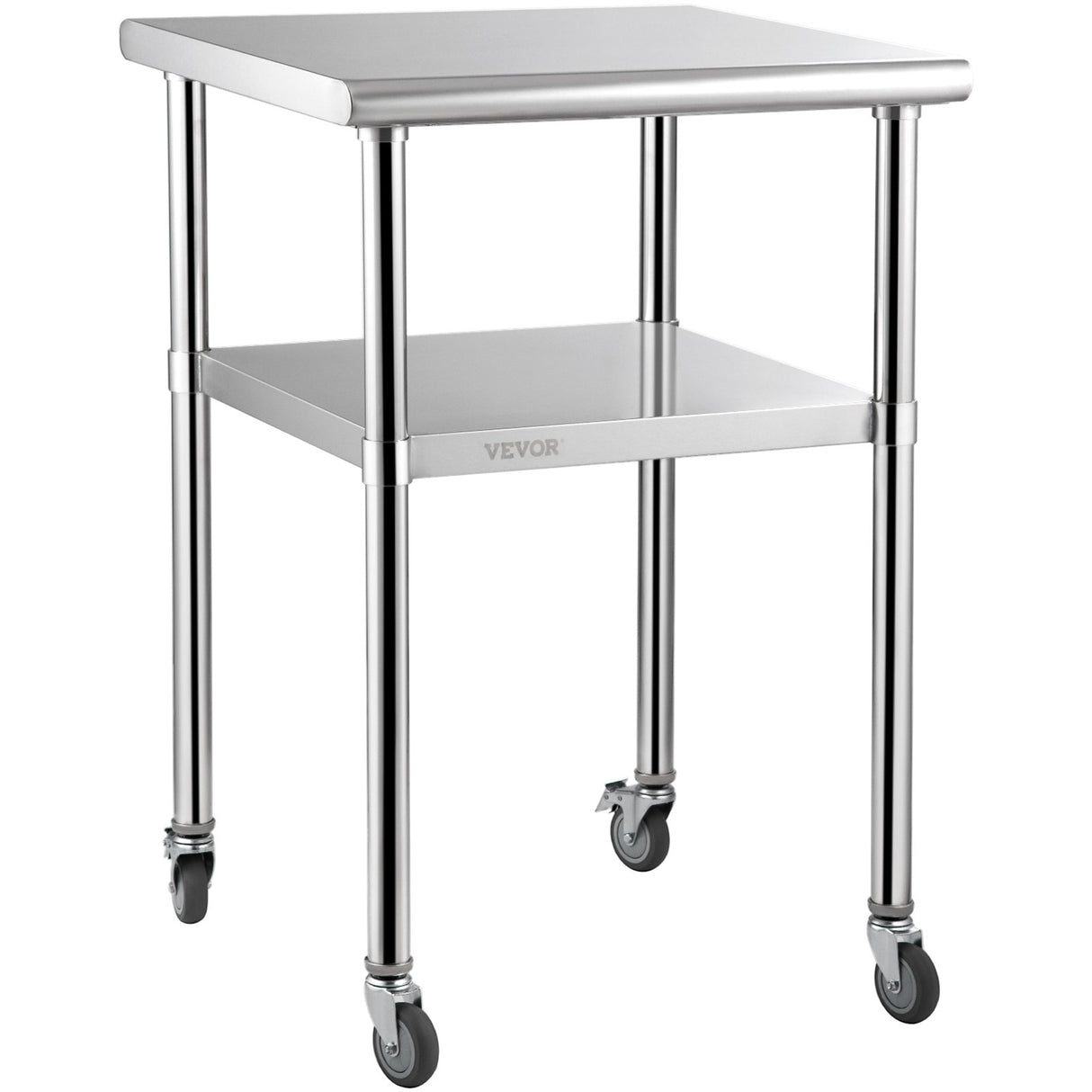VEVOR Stainless Steel Prep Table, 61 x 61 x 91.4 cm, 600lbs Load Capacity Heavy Duty Metal Worktable with Adjustable Undershelf & Universal Wheels,