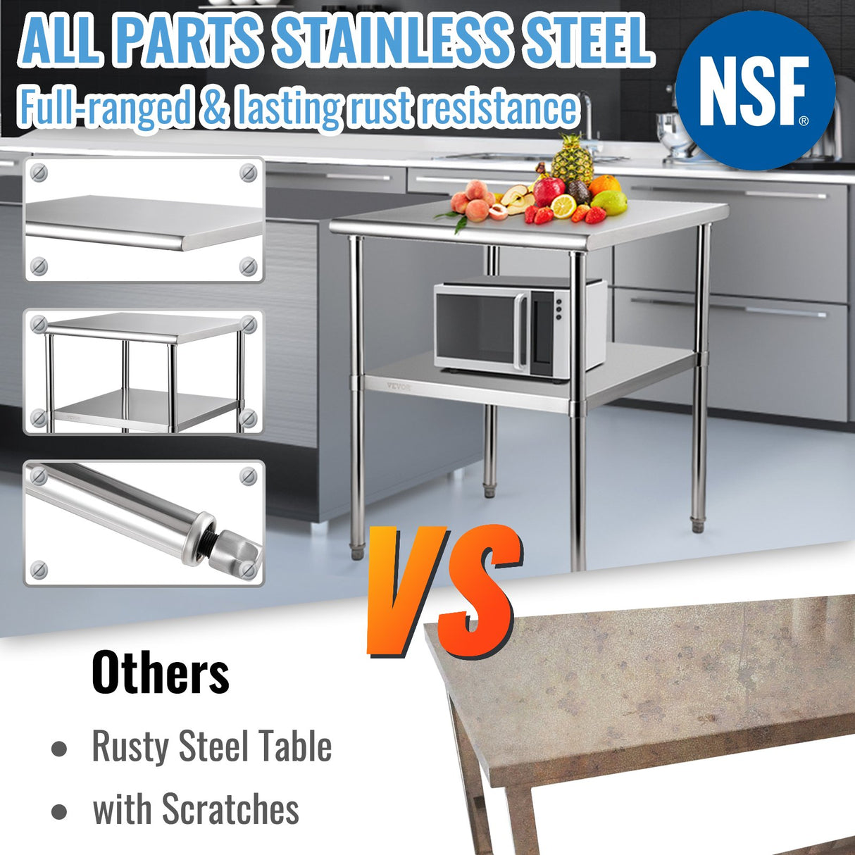 VEVOR Stainless Steel Work Prep Table Commercial Food Prep Table 30x30x36in