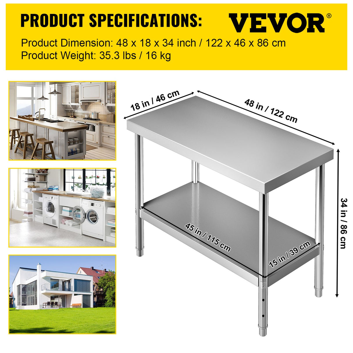 VEVOR Stainless Steel Prep Table, 122 x 46 x 86 cm, 250kg Load Capacity Heavy Duty Metal Worktable with Adjustable Undershelf, Commercial Workstation