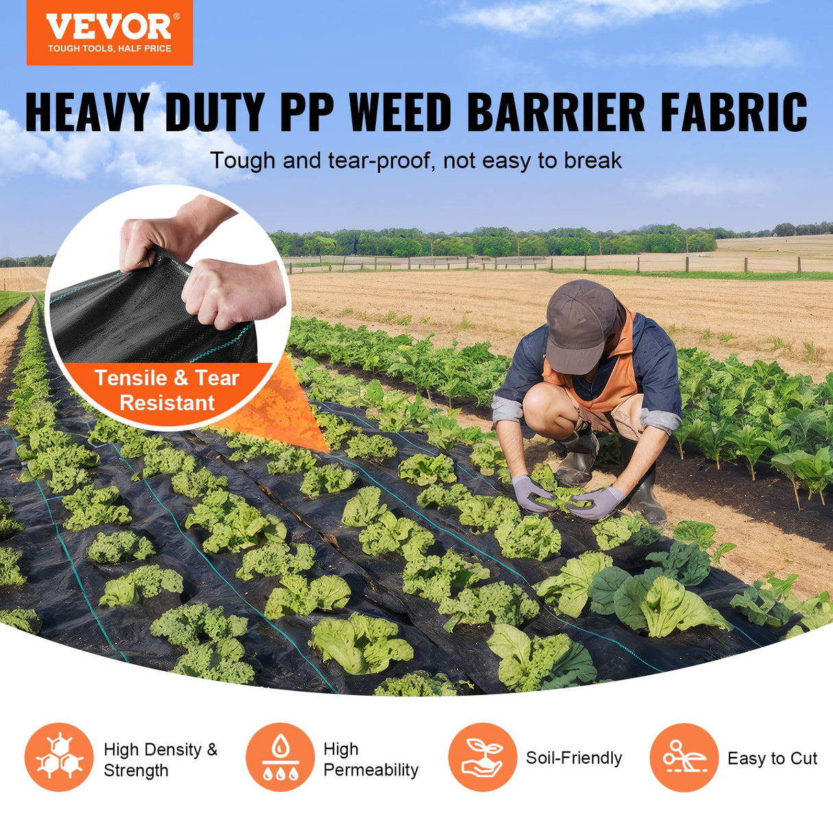 VEVOR Weed Barrier Landscape Fabric, 3.28*164FT Heavy Duty Garden Weed Fabric, Woven PP Weed Control Fabric, Driveway Fabric, Geotextile Fabric for Landscaping, Ground Cover, Weed Blocker Weed Mat