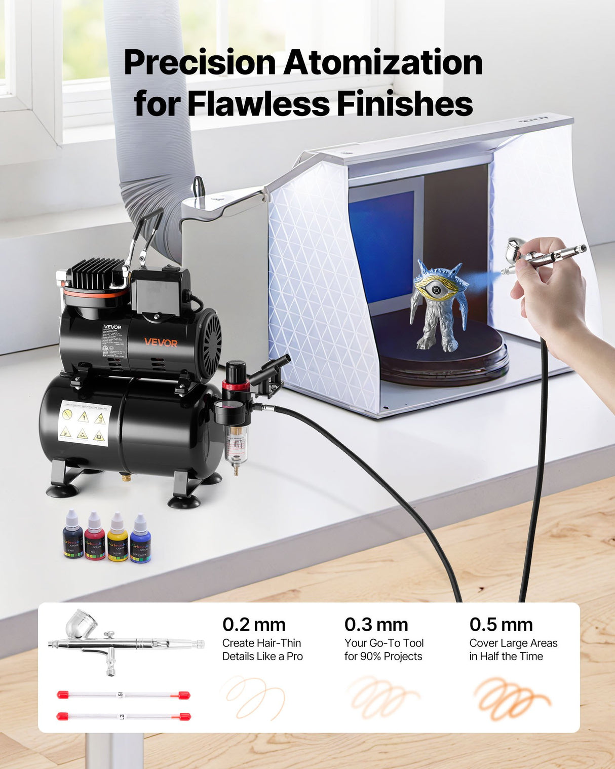 VEVOR Airbrush Kit Air Brush Kit 1/6 HP Air Compressor Tank 1 Airbrush 3 Tips