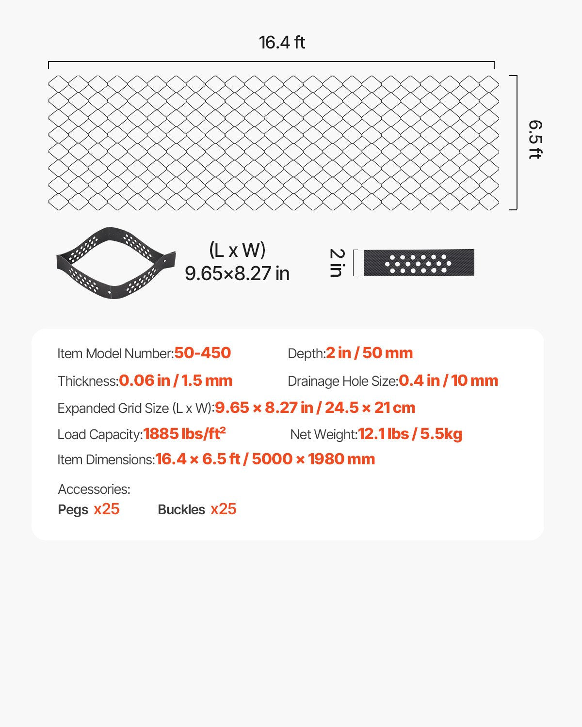 VEVOR Ground Grid 2-Inch Depth Geocell Grid 16.4x6.5FT / 5000x1980mm for Gravel