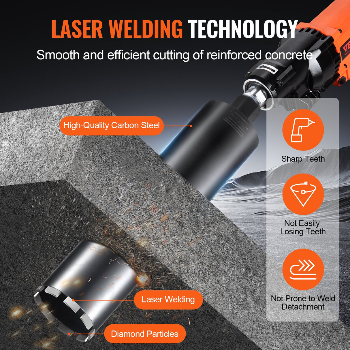 VEVOR Core Drill Bit, 4.25" Wet Diamond Core Drill Bits, 14" Drilling Depth Concrete Core Drill Bit with Saw Blade, 1-1/4"-7 Inner Thread, Laser