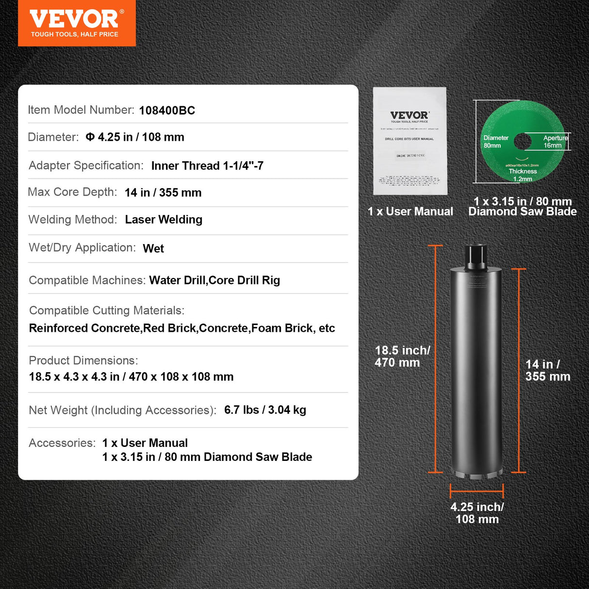 VEVOR Core Drill Bit, 4.25" Wet Diamond Core Drill Bits, 14" Drilling Depth Concrete Core Drill Bit with Saw Blade, 1-1/4"-7 Inner Thread, Laser