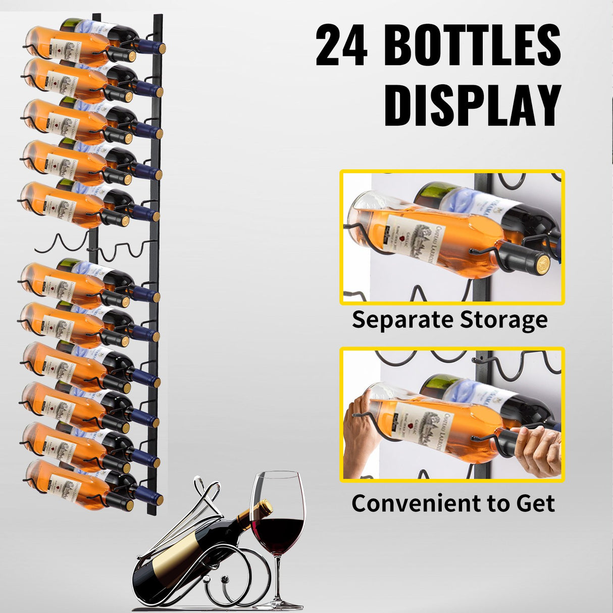 VEVOR Wall Mounted Wine Rack 12x2 Bottles Wine Holder Towel Rack Black Steel Vertical Wine Rack Modern Decorative Wall Mounted Wine Bottle Holder Forward Design Simple Storage Wall Rack 48x11x1 In