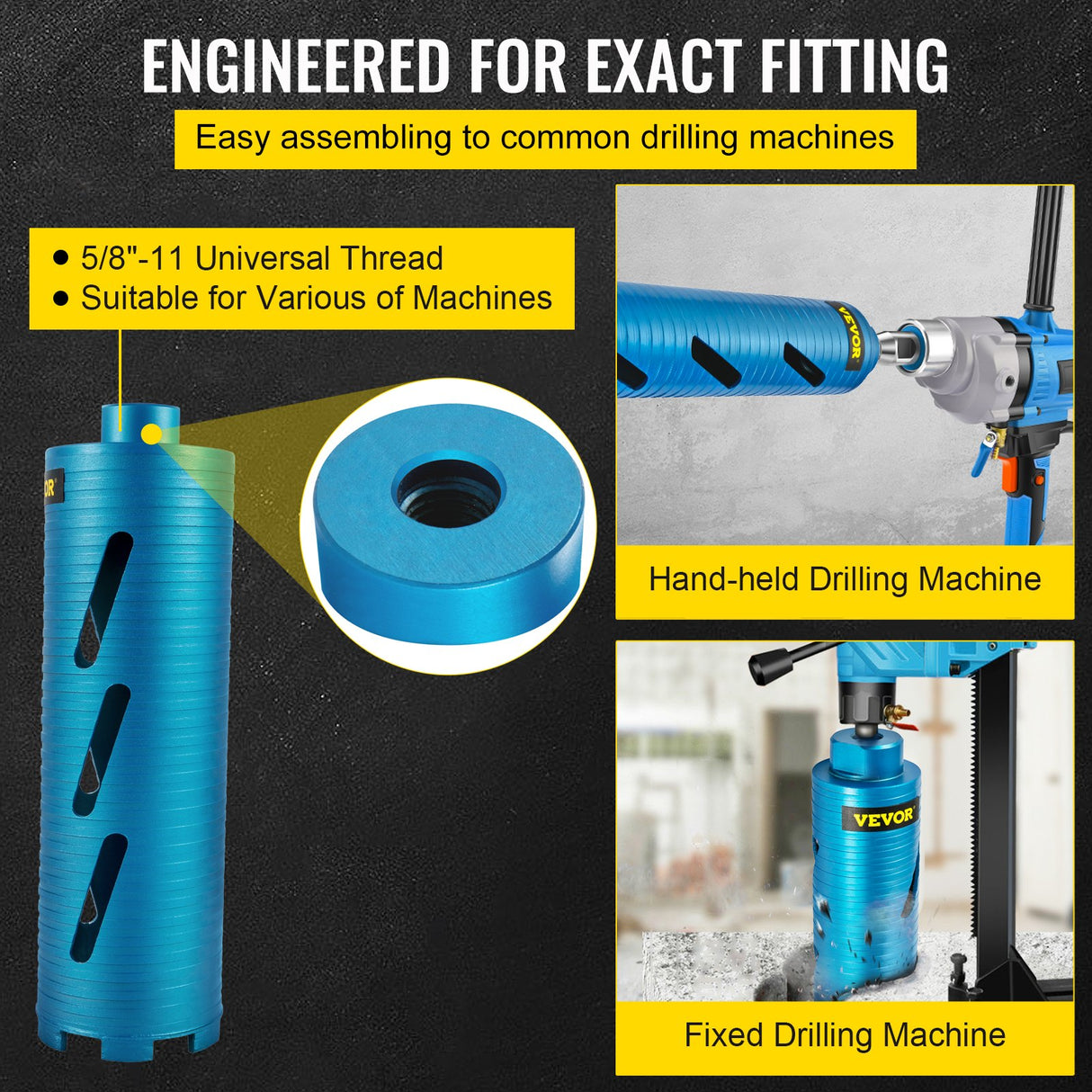 VEVOR Dry Core Drill Bit, 88.9 mm Diameter 11 Threaded, 241.3mm Depth Diamond Coring Bore Tool with a Pilot Bit & Blade, Masonry Hole Saw Bits for