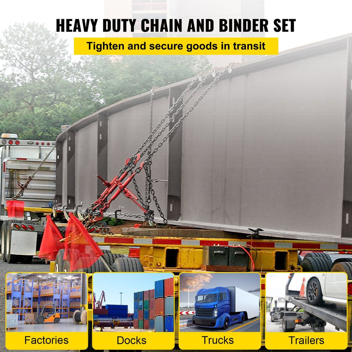 VEVOR Chain Load Binder, 8 mm Tie Down Kit with 3 Ton Working Load Capacity and Two Grab Hooks, Includes (4) Ratchet Binders - (4) 6.4 m Grade 80