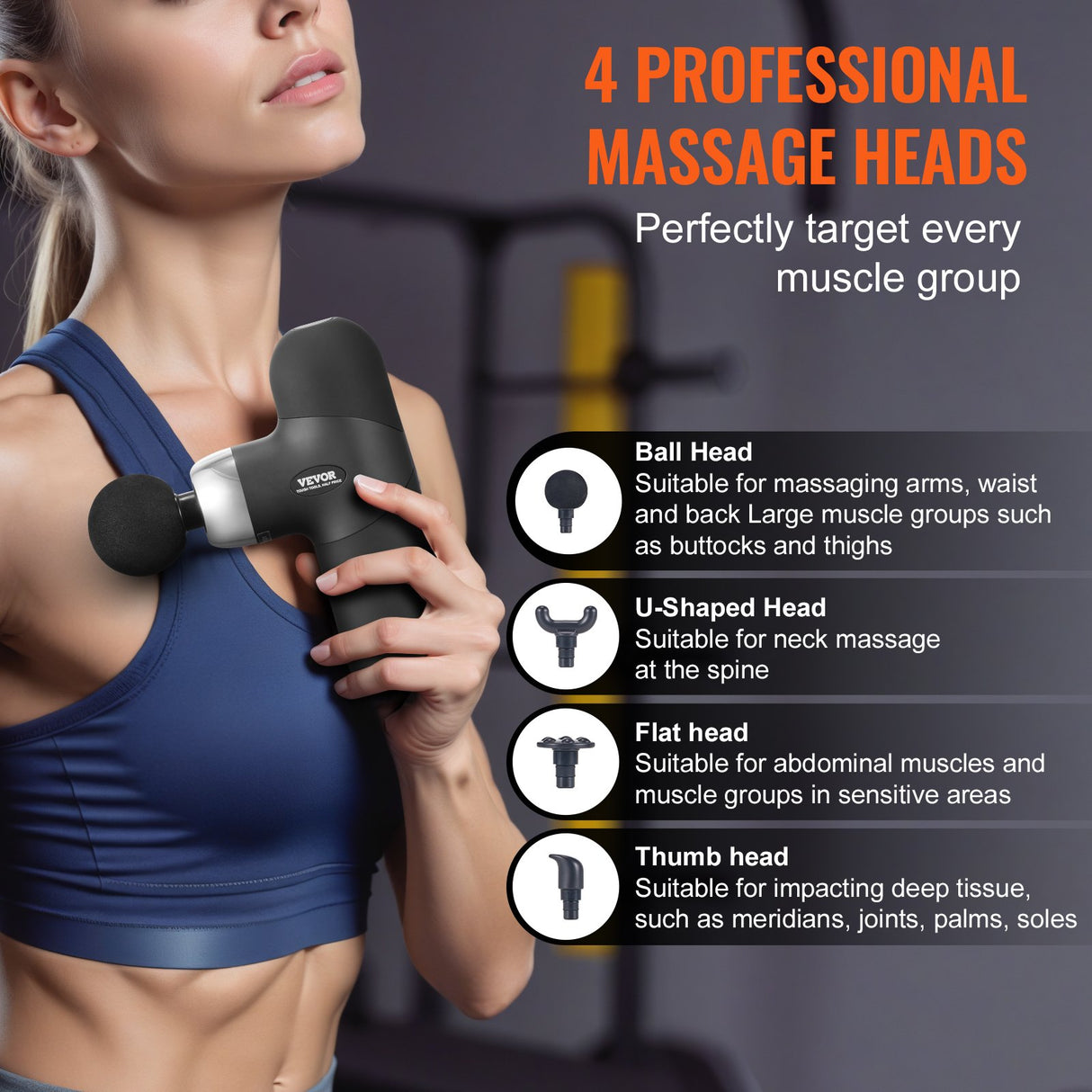 VEVOR Massage Gun Deep Tissue, Percussion Muscle Massager for Athletes - with 4 Speed Levels & 4 Massage Heads, 7.4V 2500mAh Batteries, Handheld Mini