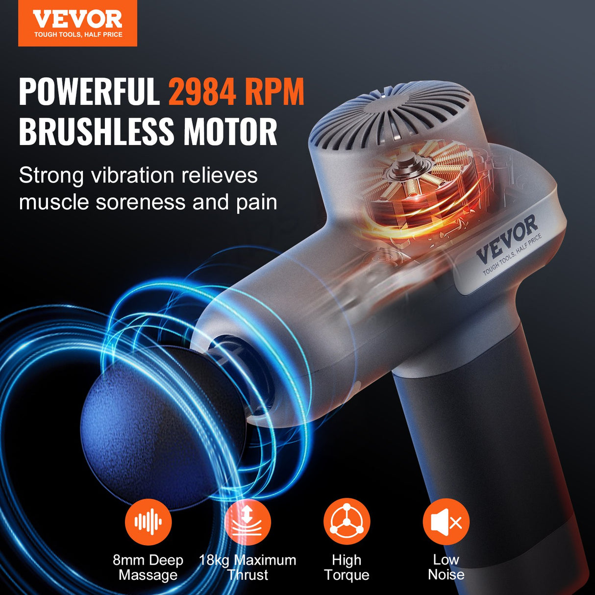 VEVOR Massage Gun Deep Tissue, Percussion Muscle Massager for Athletes - with 5 Speed Levels & 6 Massage Heads, 7.4V 2500mAh Batteries, Handheld