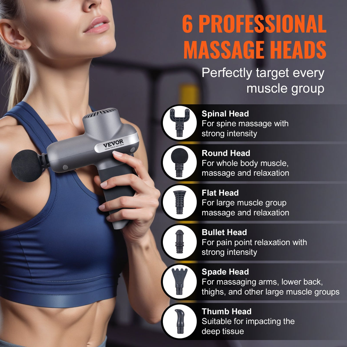 VEVOR Massage Gun Deep Tissue, Percussion Muscle Massager for Athletes - with 5 Speed Levels & 6 Massage Heads, 7.4V 2500mAh Batteries, Handheld