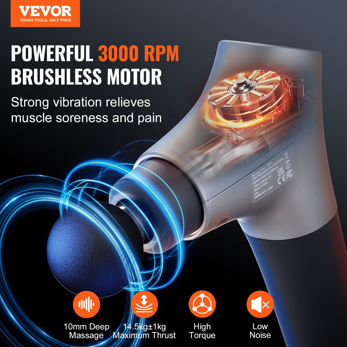 VEVOR Massage Gun Deep Tissue, Percussion Muscle Massager for Athletes - with 6 Speed Levels & 4 Massage Heads, 12V 2500mAh Batteries, Handheld