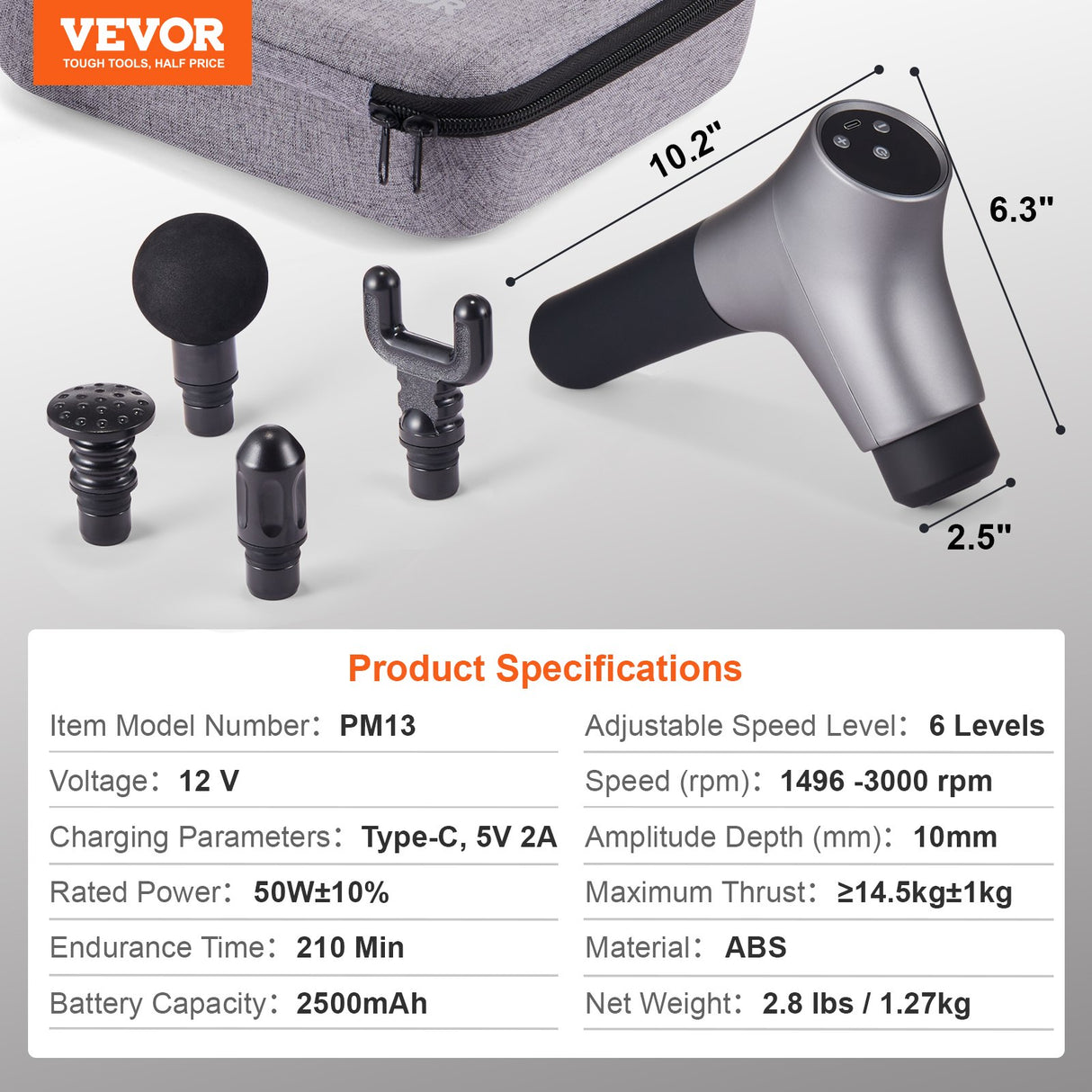 VEVOR Massage Gun Deep Tissue, Percussion Muscle Massager for Athletes - with 6 Speed Levels & 4 Massage Heads, 12V 2500mAh Batteries, Handheld