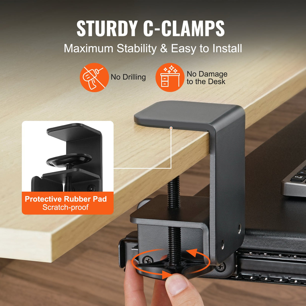 VEVOR Clamp on Keyboard Tray Under Desk, Desk Keyboard Tray Slide out with Sturdy No-drill C Clamp Mount, Large 26.8 x 11 inch Slide-out Computer