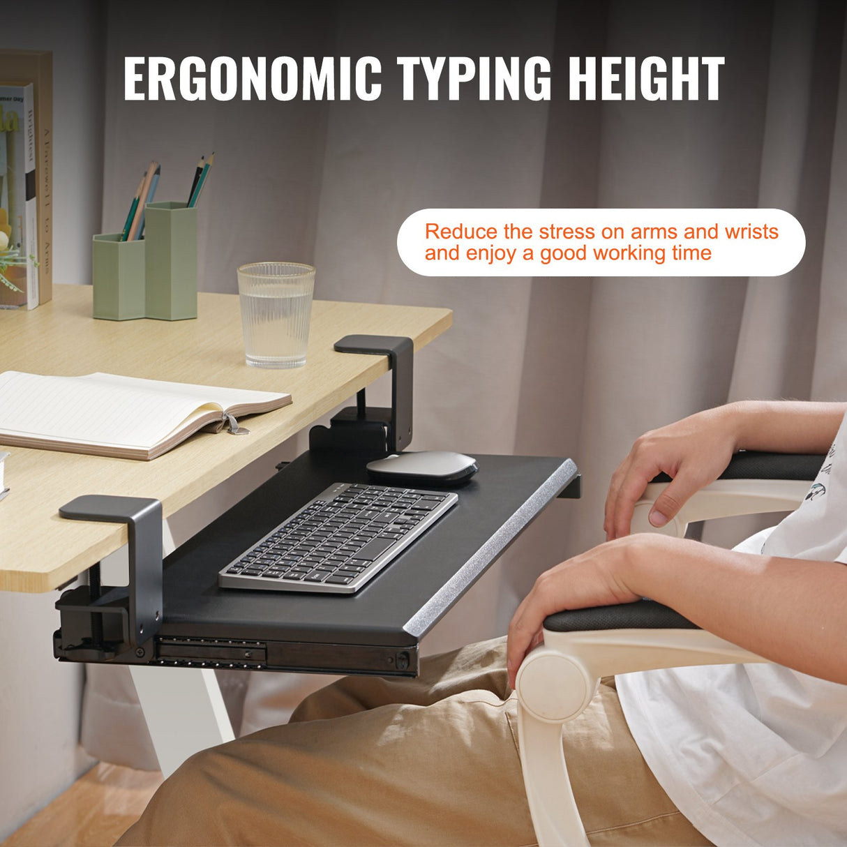VEVOR Clamp on Keyboard Tray Under Desk, Desk Keyboard Tray Slide out with Sturdy No-drill C Clamp Mount, Large 26.8 x 11 inch Slide-out Computer