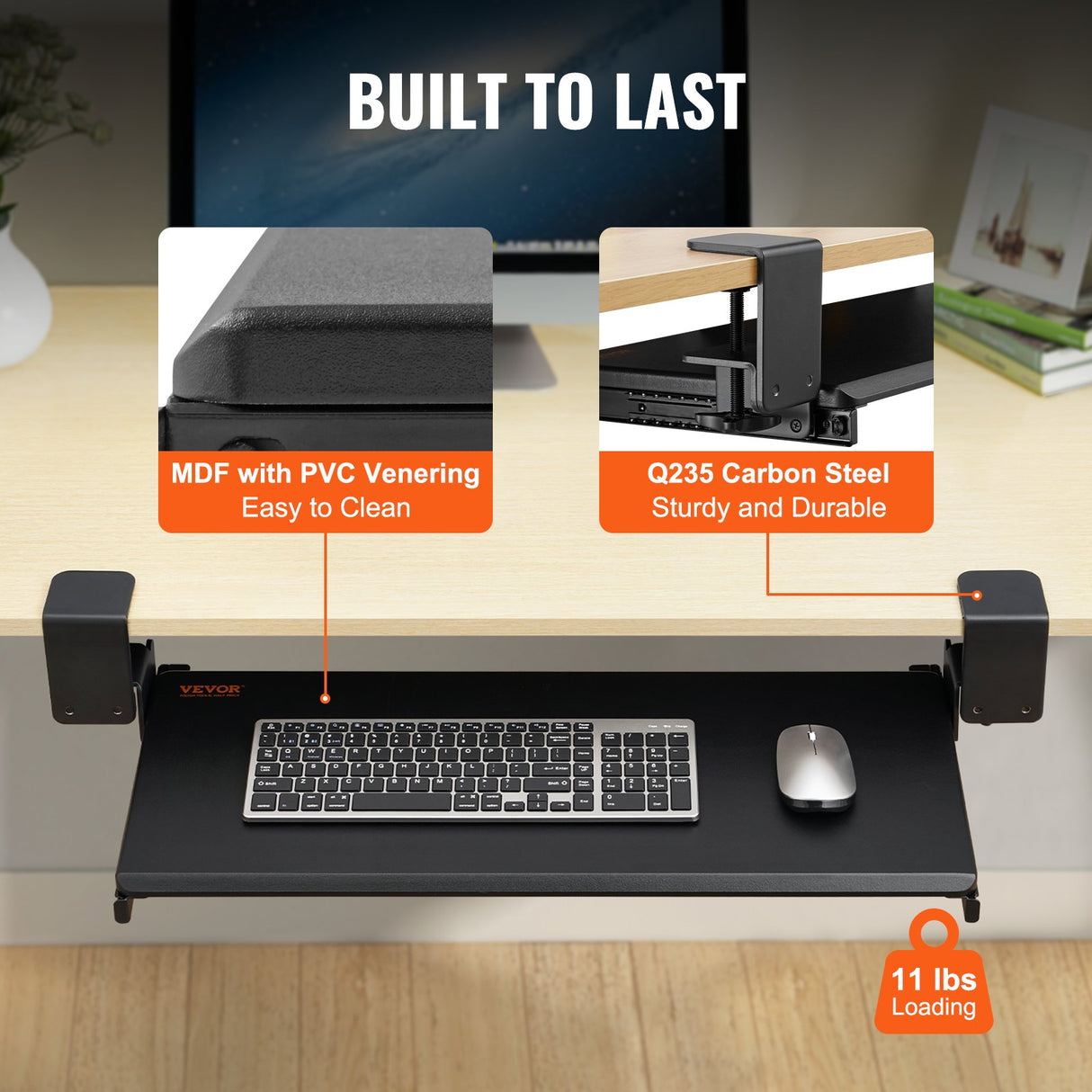 VEVOR Clamp on Keyboard Tray Under Desk, Desk Keyboard Tray Slide out with Sturdy No-drill C Clamp Mount, Large 26.8 x 11 inch Slide-out Computer