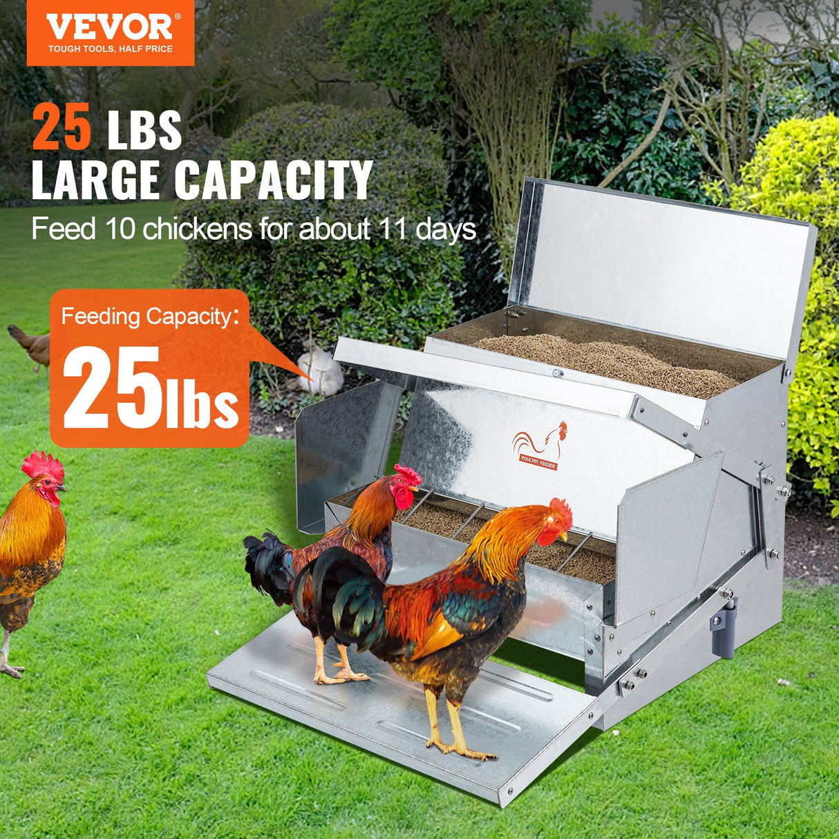 VEVOR Automatic Chicken Feeder Galvanized Steel Poultry Feeder 25 lb 10 Chickens