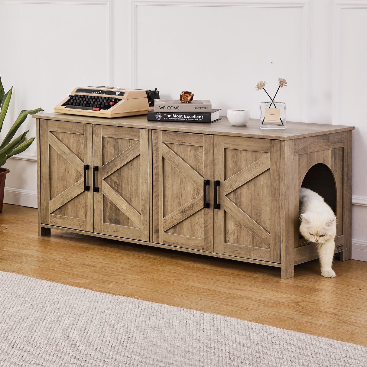 Cat Litter Box Enclosure Wooden Litter Box Furniture Hidden 2 Rooms Greige