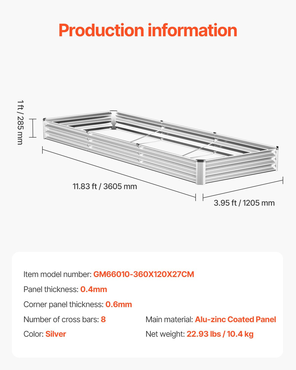 VEVOR Metal Raised Garden Bed, 12 x 4 x 1 ft Outdoor Galvanized Planter Box, with Open Bottom, Large Planter Raised Bed for Gardening Vegetables, Flowers, Herbs, and Succulent Plants, Silver