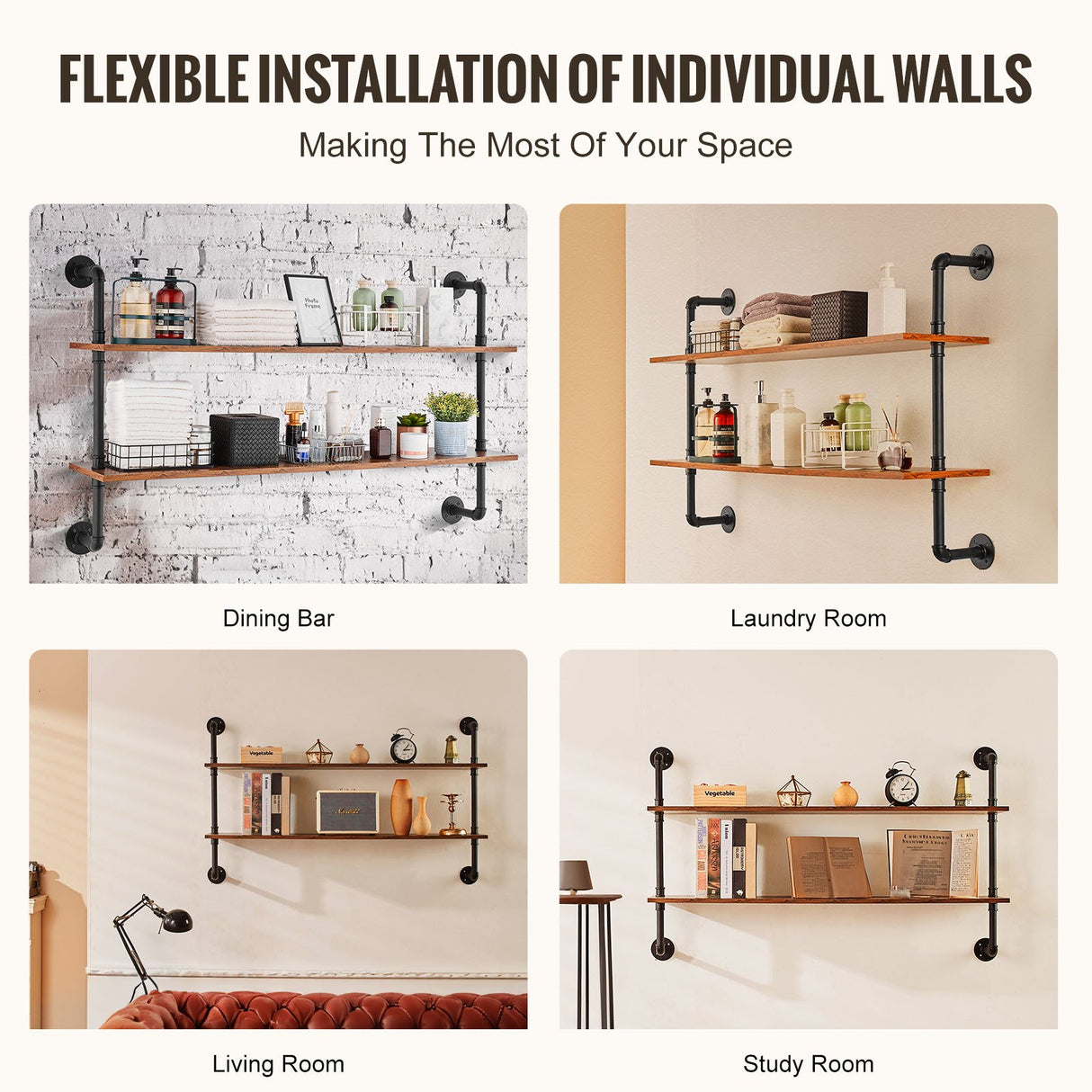 VEVOR Industrial Pipe Shelf 2 Tier 48x 9.84in Wall-Mount for Kitchen Bedroom