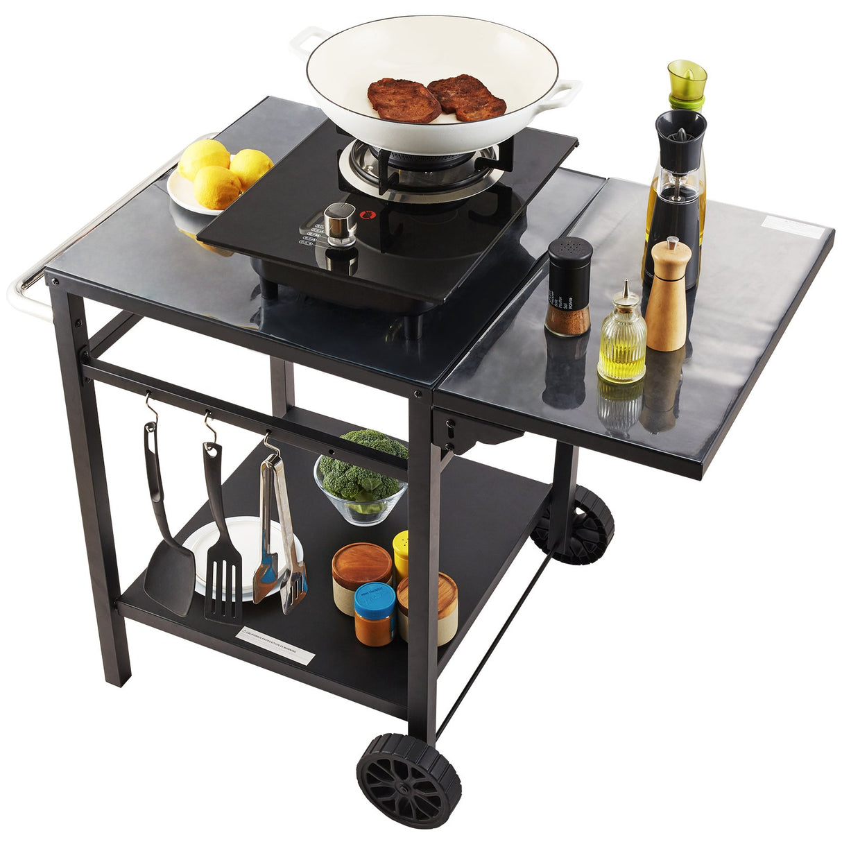 VEVOR Outdoor Grill Dining Cart with Double-Shelf, 55*55cm BBQ Movable Food Prep Table, Multifunctional Foldable Iron Table Top, Portable Modular
