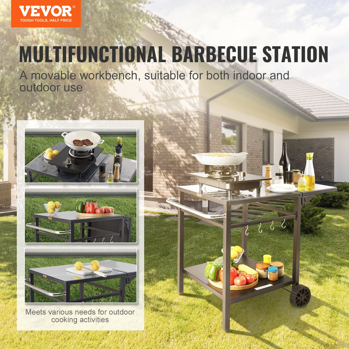 VEVOR Outdoor Grill Dining Cart with Double-Shelf, 55*55cm BBQ Movable Food Prep Table, Multifunctional Foldable Iron Table Top, Portable Modular