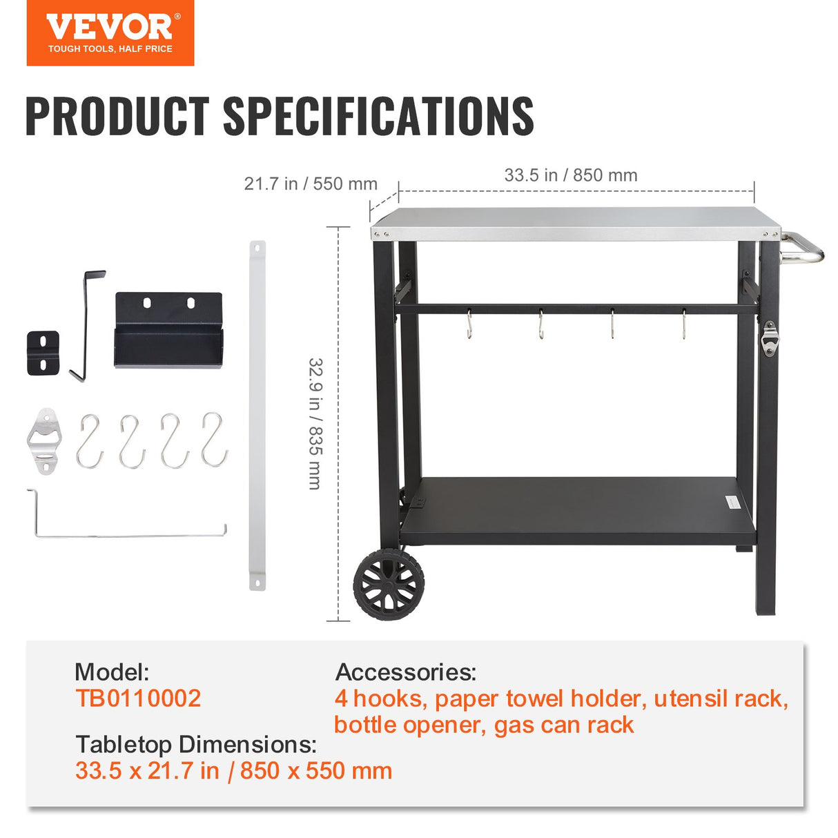 VEVOR Outdoor Grill Dining Cart with Double-Shelf, 85*55cm BBQ Movable Food Prep Table, Multifunctional Stainless Steel Table Top, Portable Modular Carts for Pizza Oven, Worktable with 2 Wheels, Carry Handle