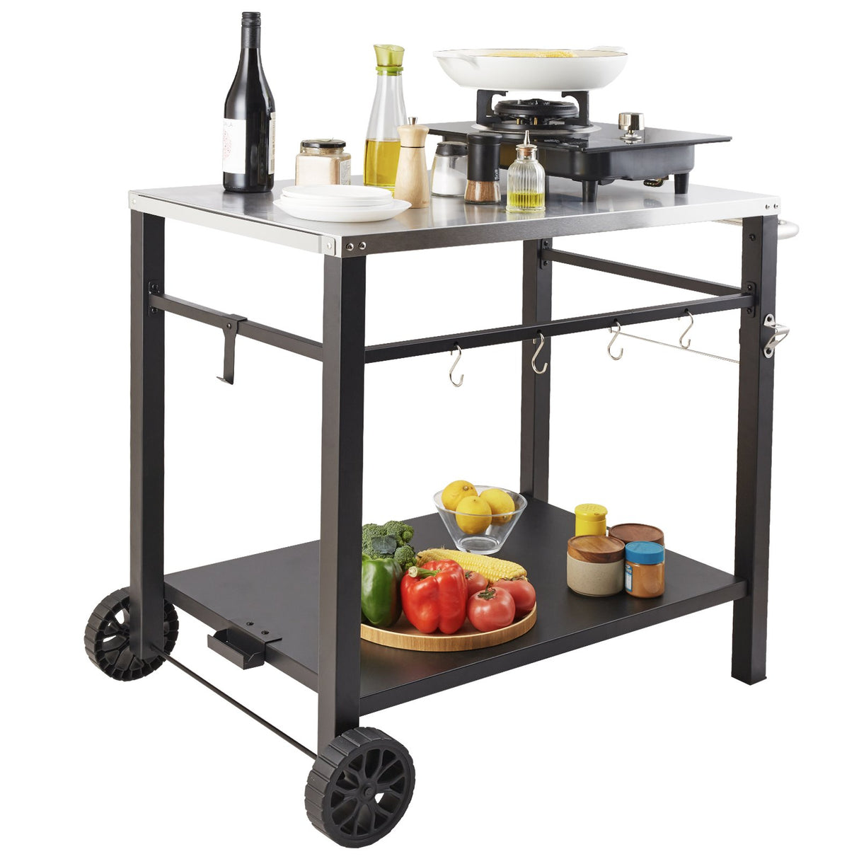 VEVOR Outdoor Grill Dining Cart with Double-Shelf, 85*55cm BBQ Movable Food Prep Table, Multifunctional Stainless Steel Table Top, Portable Modular Carts for Pizza Oven, Worktable with 2 Wheels, Carry Handle
