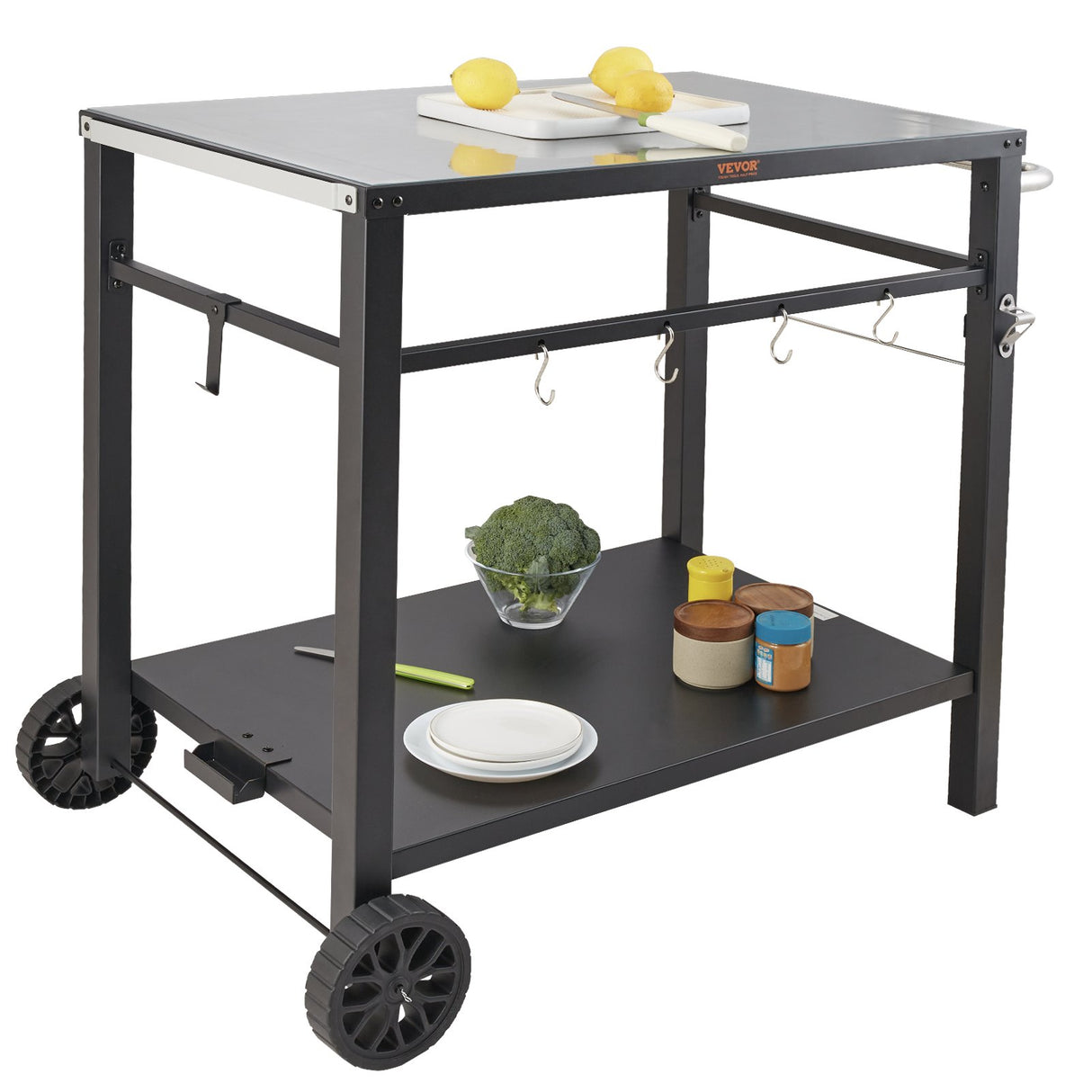 VEVOR Outdoor Grill Dining Cart with Double-Shelf, 85*55cm BBQ Movable Food Prep Table, Multifunctional Iron Table Top, Portable Modular Carts for Pizza Oven, Worktable with 2 Wheels, Carry Handle, Black