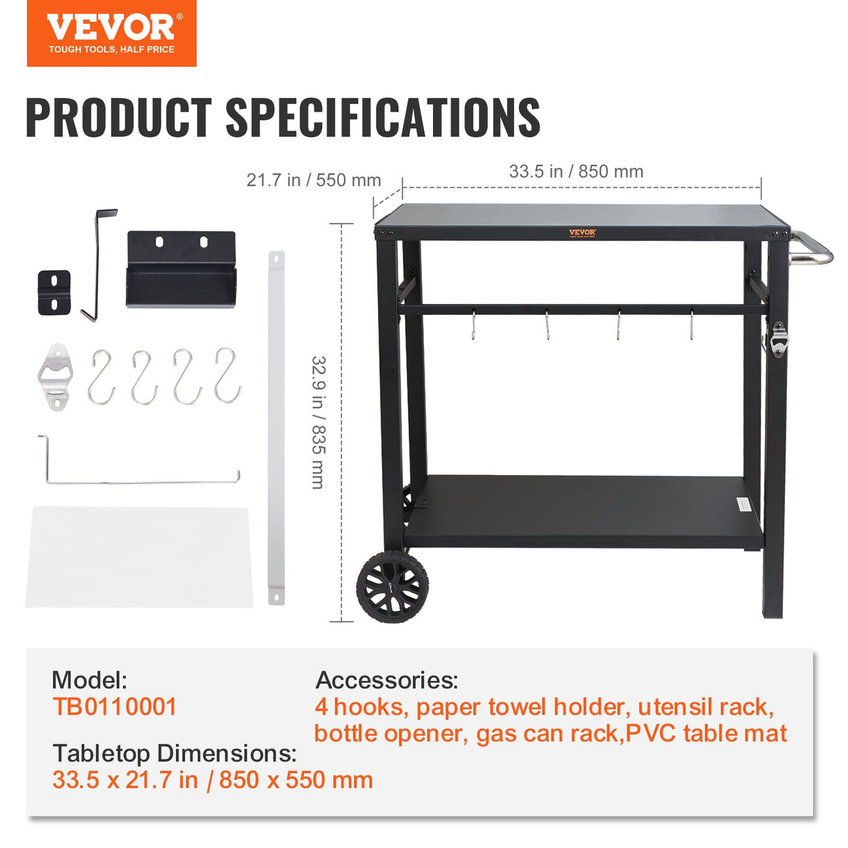 VEVOR Outdoor Grill Dining Cart with Double-Shelf, 85*55cm BBQ Movable Food Prep Table, Multifunctional Iron Table Top, Portable Modular Carts for Pizza Oven, Worktable with 2 Wheels, Carry Handle, Black