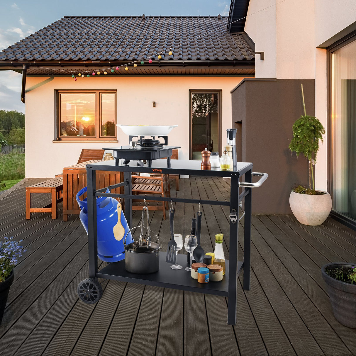 VEVOR Outdoor Grill Dining Cart with Double-Shelf, 85*55cm BBQ Movable Food Prep Table, Multifunctional Iron Table Top, Portable Modular Carts for