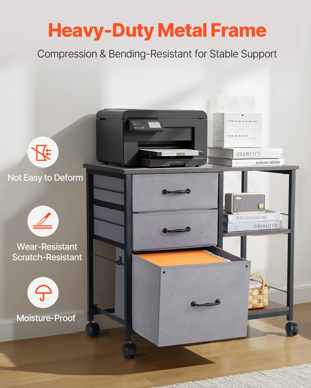 VEVOR Mobile Metal File Cabinet with 3 Fabric Drawers and 2 Open Shelves Brown