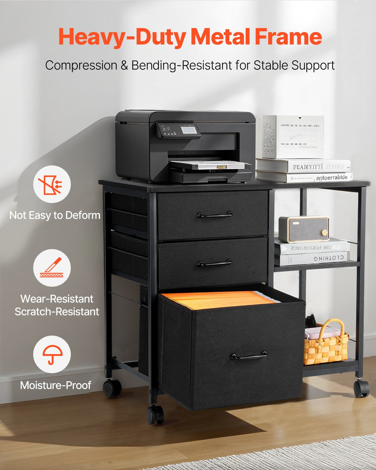 VEVOR Mobile Metal File Cabinet with 3 Fabric Drawers and 2 Open Shelves Black