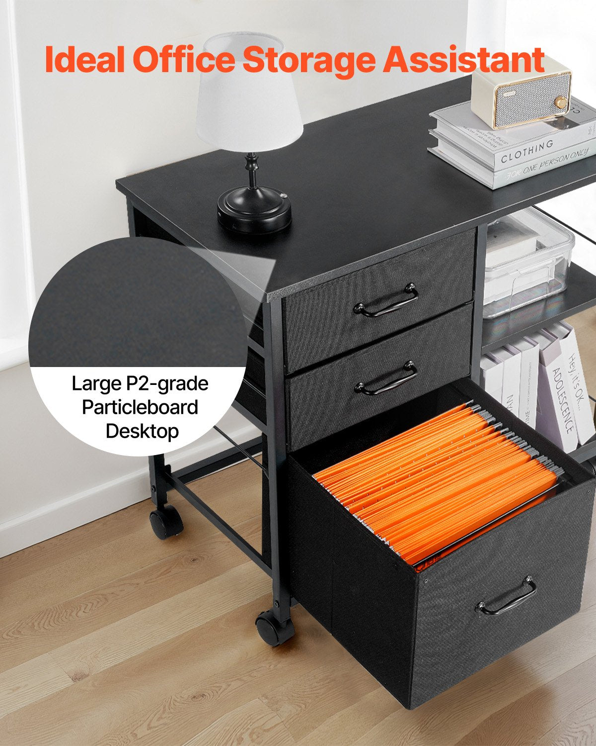 VEVOR Mobile Metal File Cabinet with 3 Fabric Drawers and 2 Open Shelves Black