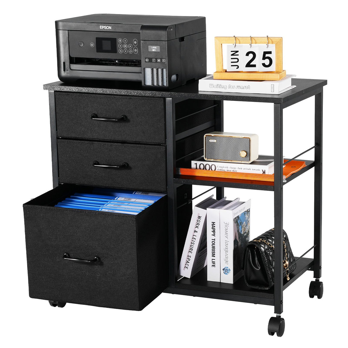 VEVOR Mobile Metal File Cabinet with 3 Fabric Drawers and 2 Open Shelves Black