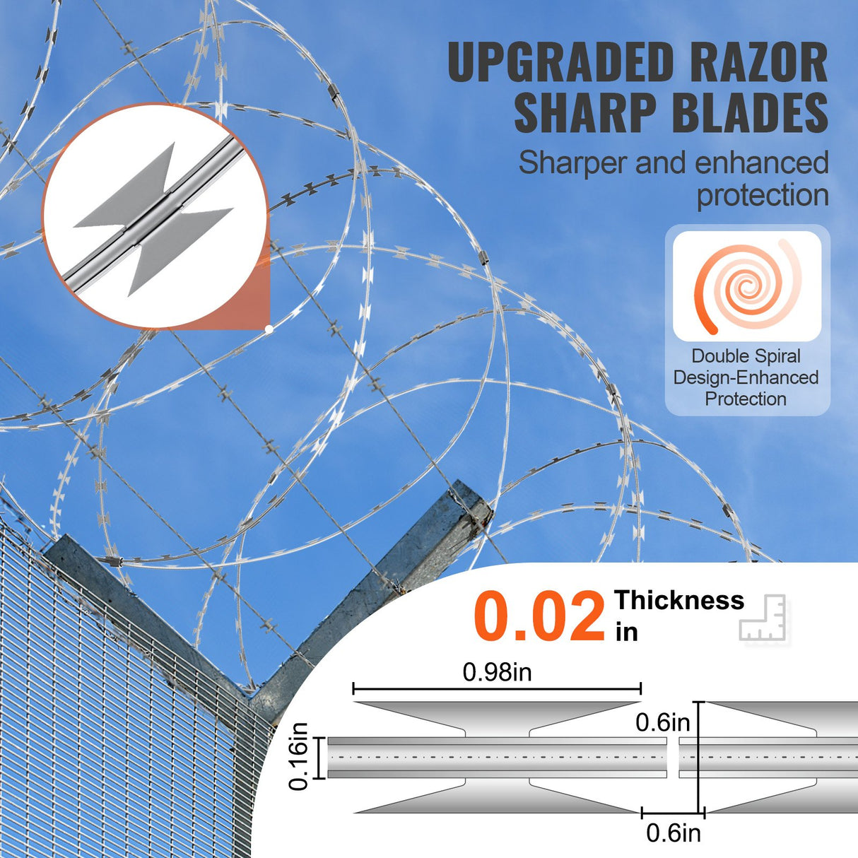 VEVOR Razor Wire Razor Barbed Wire 147ft 3Rolls Razor Wire Fencing Double Spiral