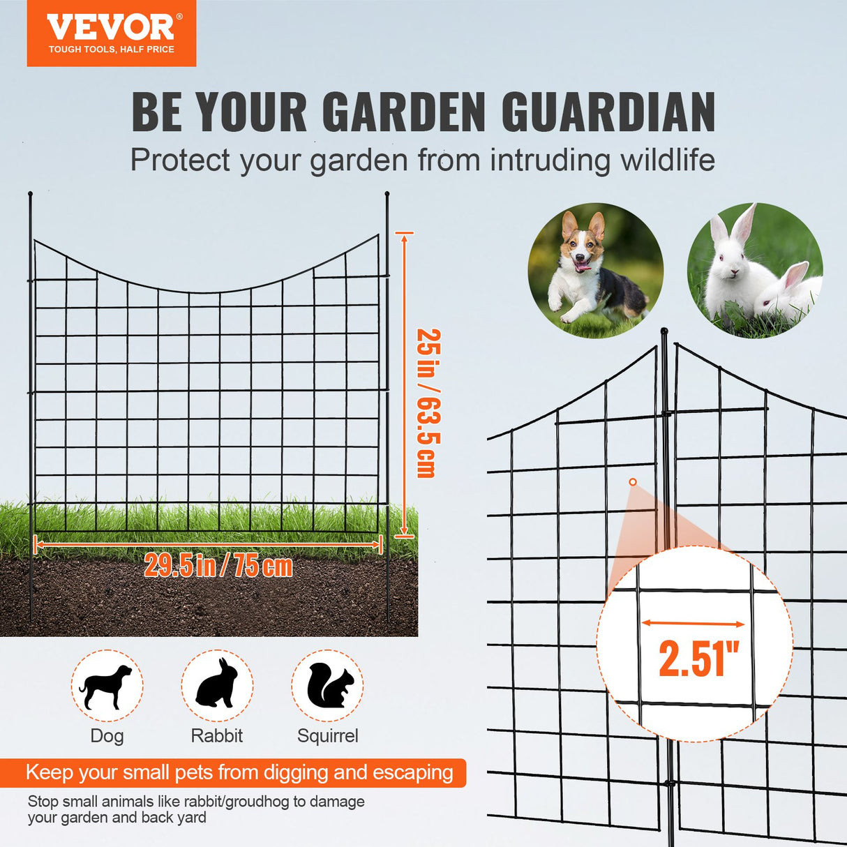 VEVOR Garden Fence, 75?93 cm Animal Barrier Fence, Underground Decorative Garden Fencing with 6.38 cm Spike Spacing, Metal Dog Fence for the Yard and