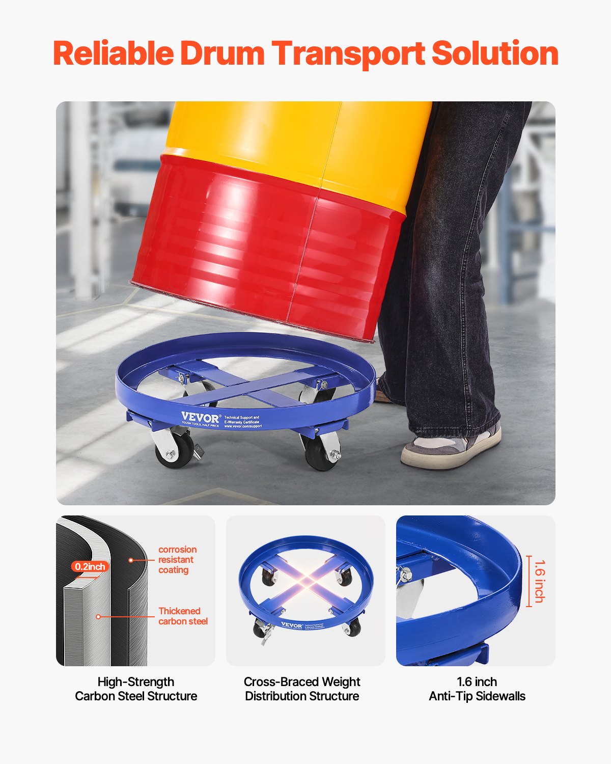 VEVOR 55 Gallon Drum Dolly 2000 lbs Barrel Dolly Cart Drum Caddy 4 Caster Wheels