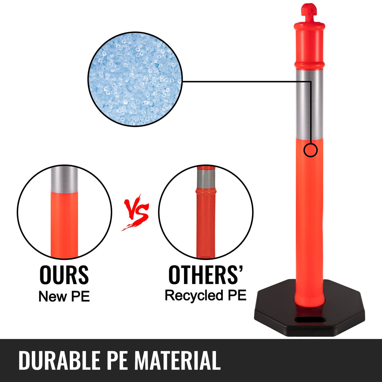 VEVOR 6Pack Traffic Delineator Posts 44 Inch Height, PE Delineator Cones Post Kit 10 inch Reflective Band, Delineators Post with Rubber Base 16 inch for Construction Sites, Facility Management etc.