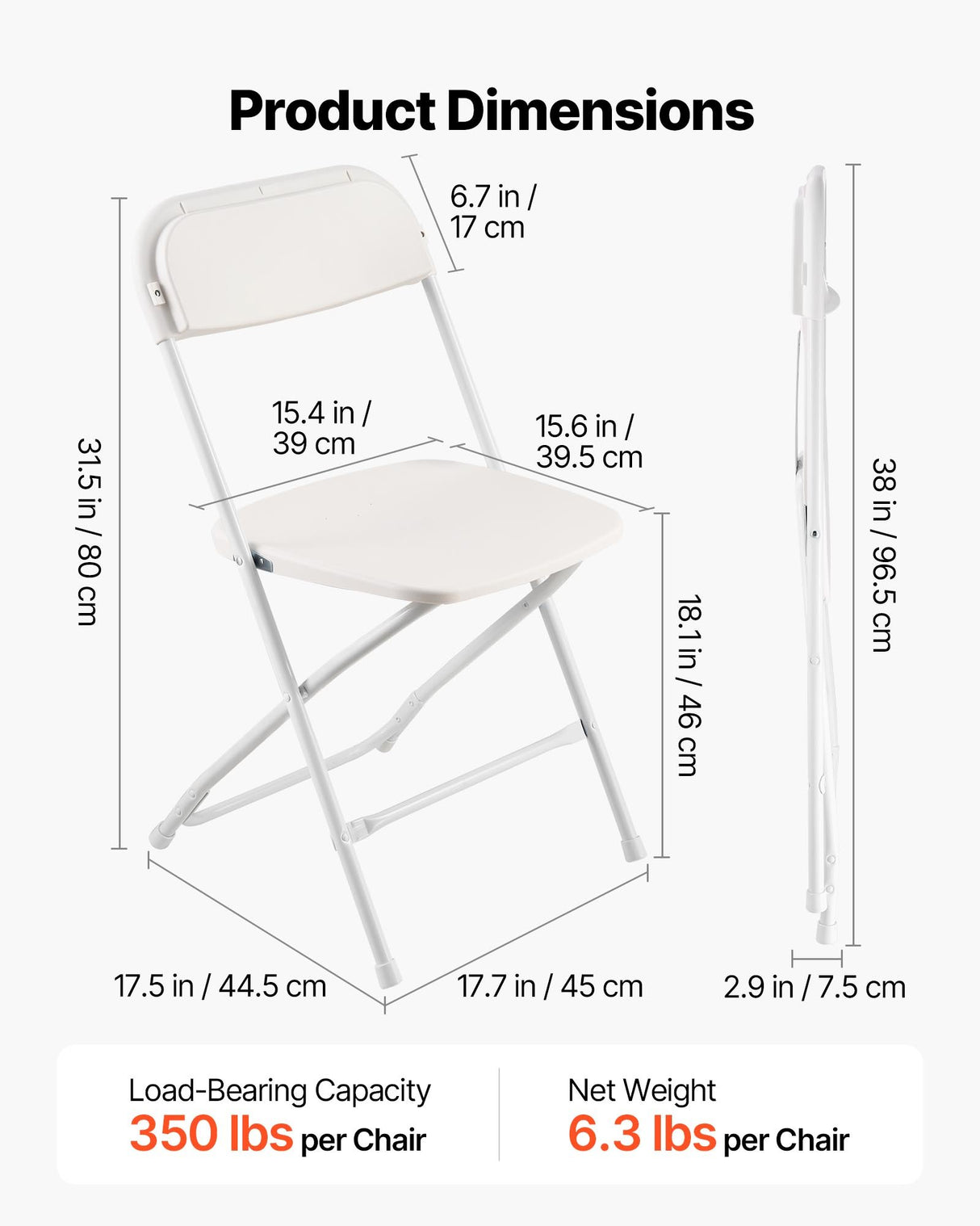 4 Pack Folding Chairs, Foldable Plastic Chairs with Heavy Duty Metal Frame, Portable Folding Card Table Chairs, Stackable Indoor Outdoor Seats for Home, Yard, Garden, Parties, Events, White