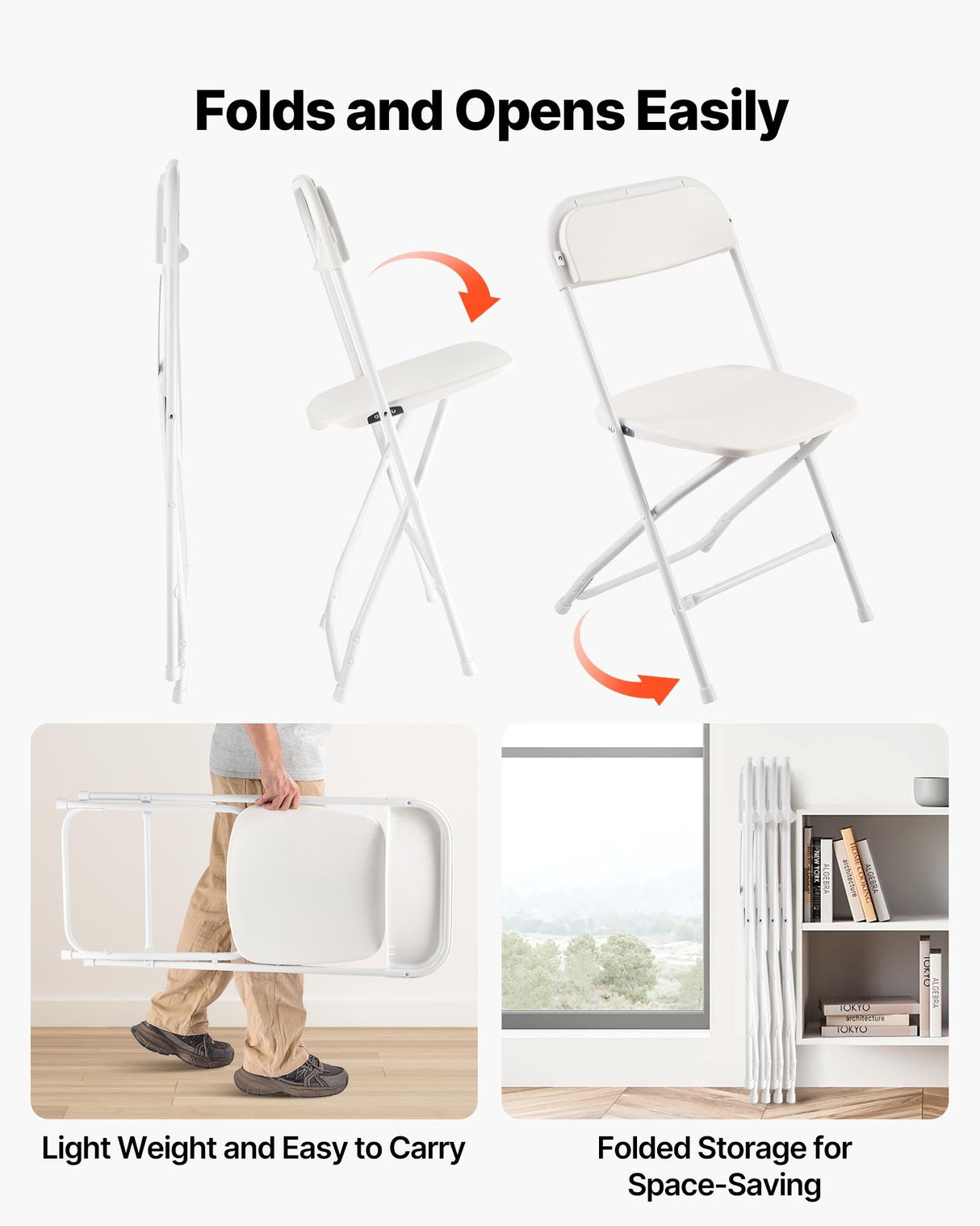 4 Pack Folding Chairs, Foldable Plastic Chairs with Heavy Duty Metal Frame, Portable Folding Card Table Chairs, Stackable Indoor Outdoor Seats for Home, Yard, Garden, Parties, Events, White