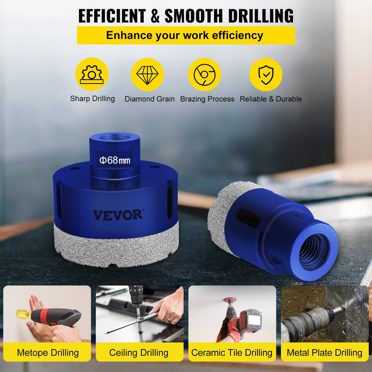 VEVOR Diamond Drill Bits 4PCS Diamond Hole Saw 35/40/50/68mm Tile Hole Saw Kit Vacuum Brazed Diamond Drill Bit 0.59in/15mm Segment Tile Hole Saw w