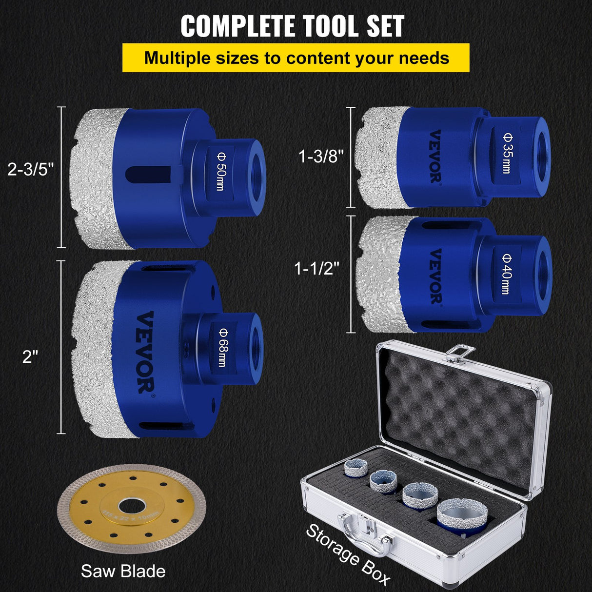 VEVOR Diamond Drill Bits 4PCS Diamond Hole Saw 35/40/50/68mm Tile Hole Saw Kit Vacuum Brazed Diamond Drill Bit 0.59in/15mm Segment Tile Hole Saw w